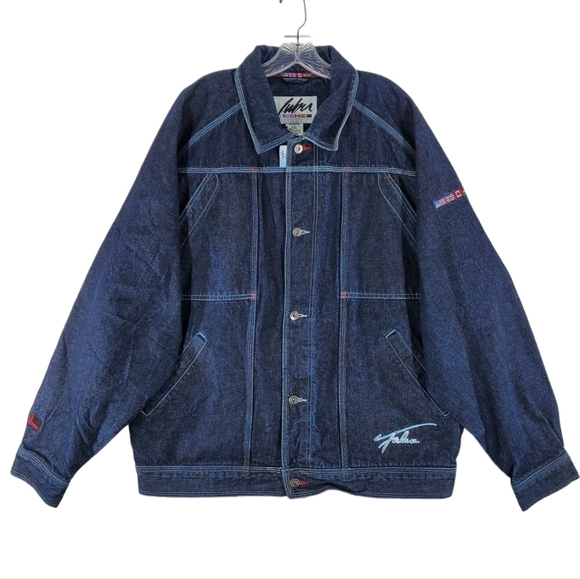 FUBU Denim Blue Jean Jacket Men 2XL Multi Pocket Embroidered Logo Button Up READ - Picture 5 of 16